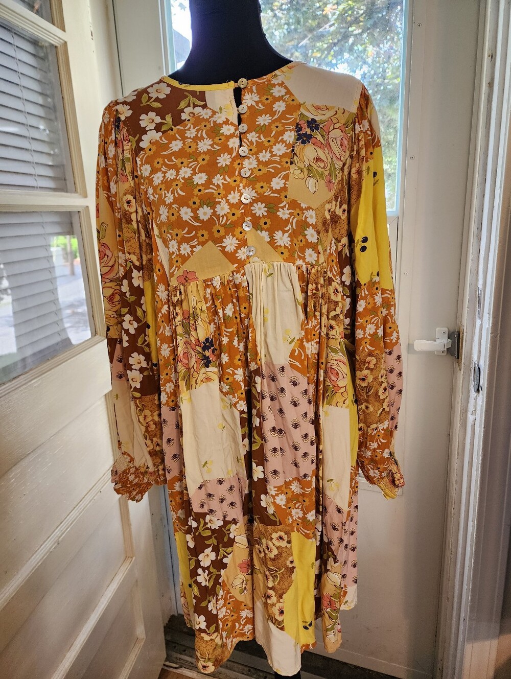Boho Patchwork Floral Babydoll Dress Cottagecore Prairie Midi Peasant Dress